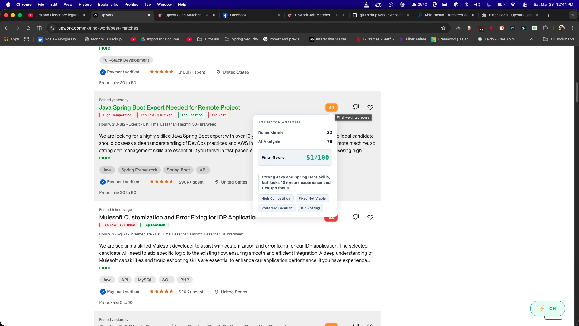 Extension popup overview showing job matching stats