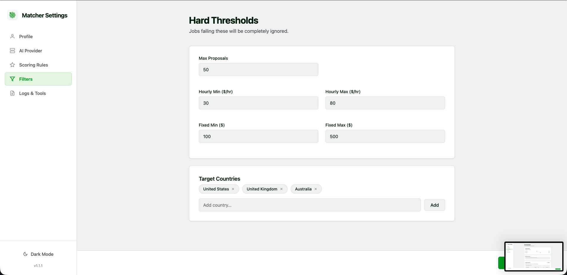 Logs and token usage settings