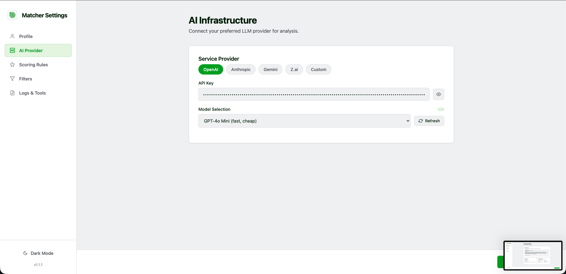 AI provider configuration with Anthropic selected